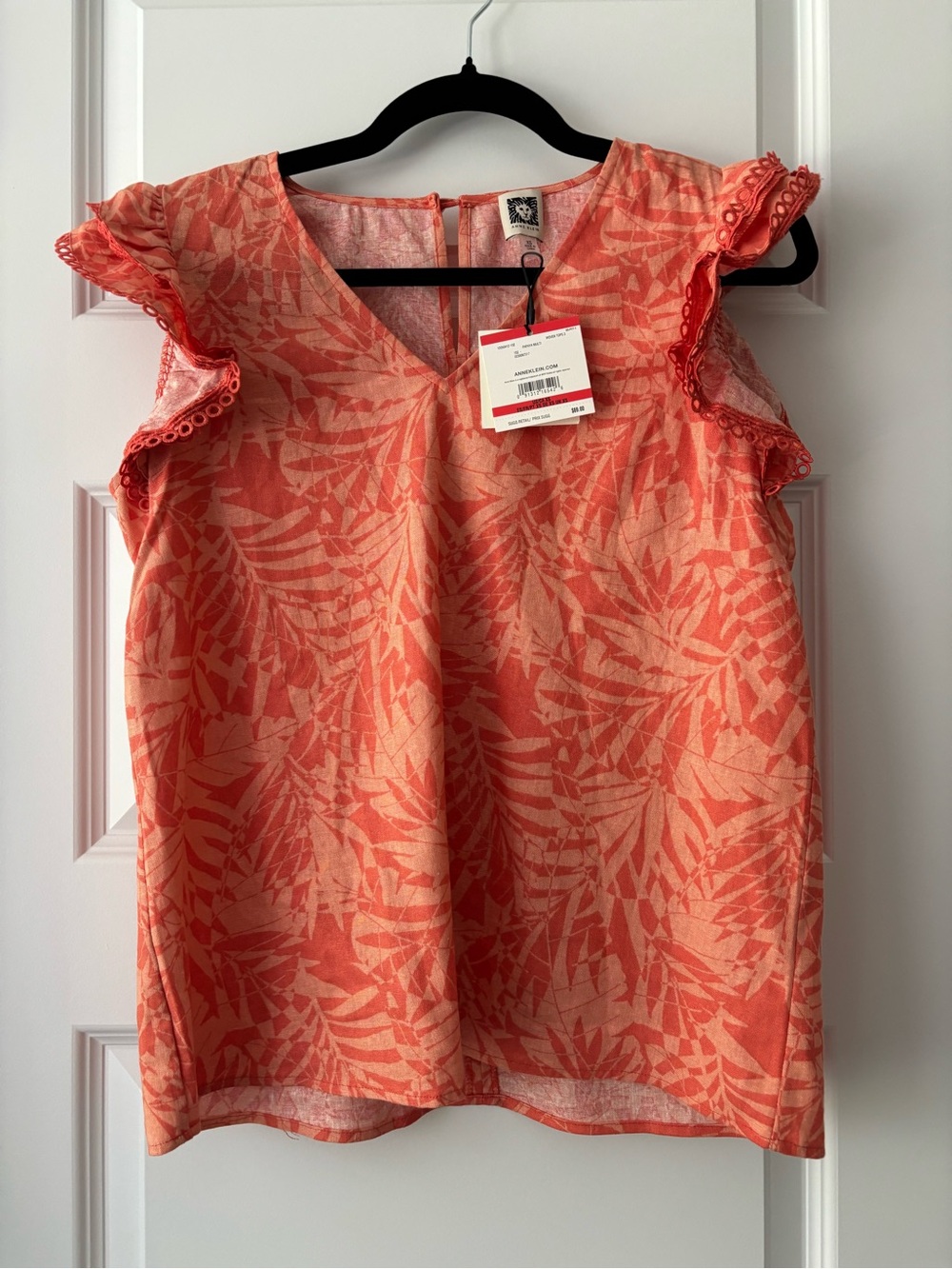 Anne Klein Size XS Papaya Leaf Print Ruffle Sleeve Top NWT